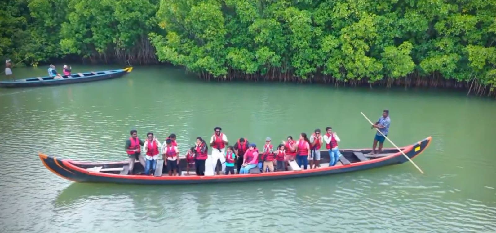 Aerial view of country boat ride through mangrove forests