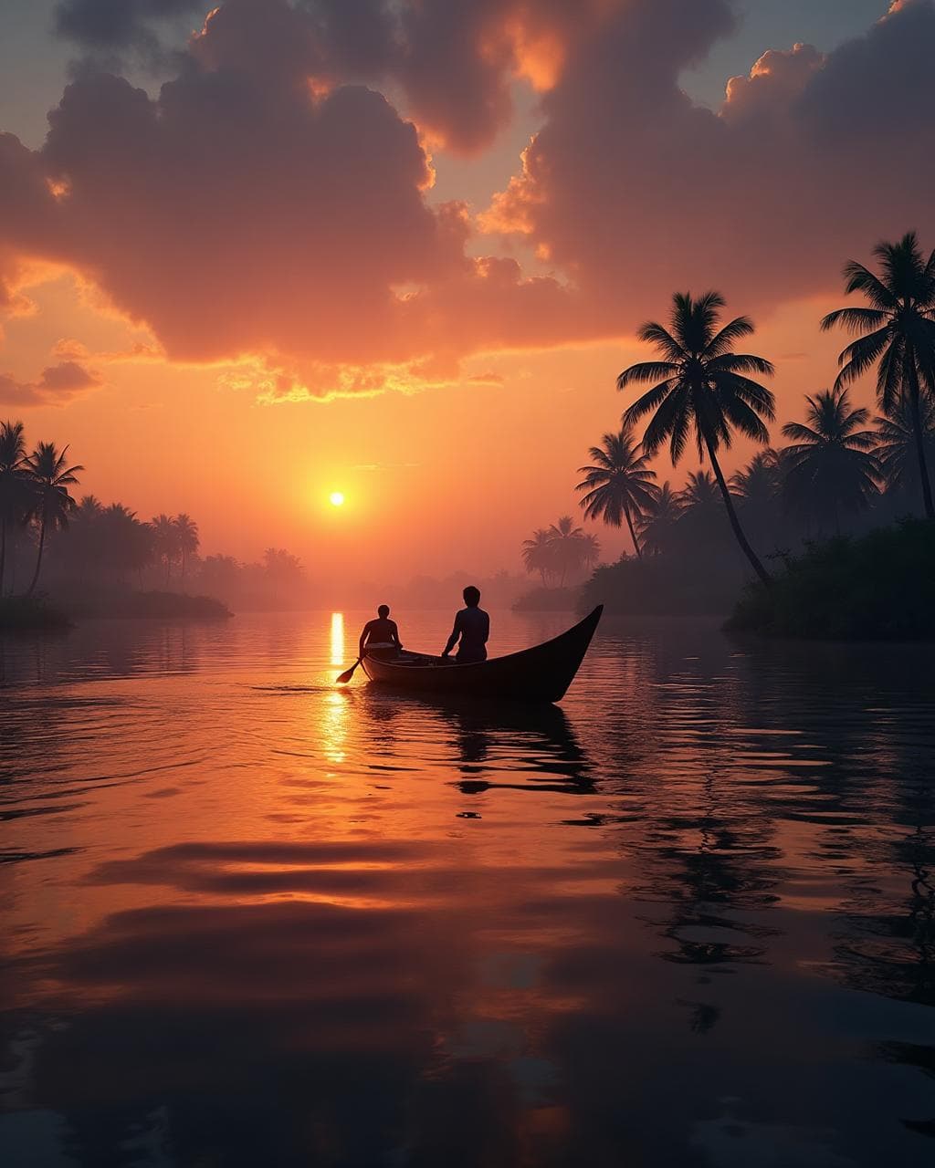 Beautiful sunset over the peaceful Kerala backwaters during a boat ride