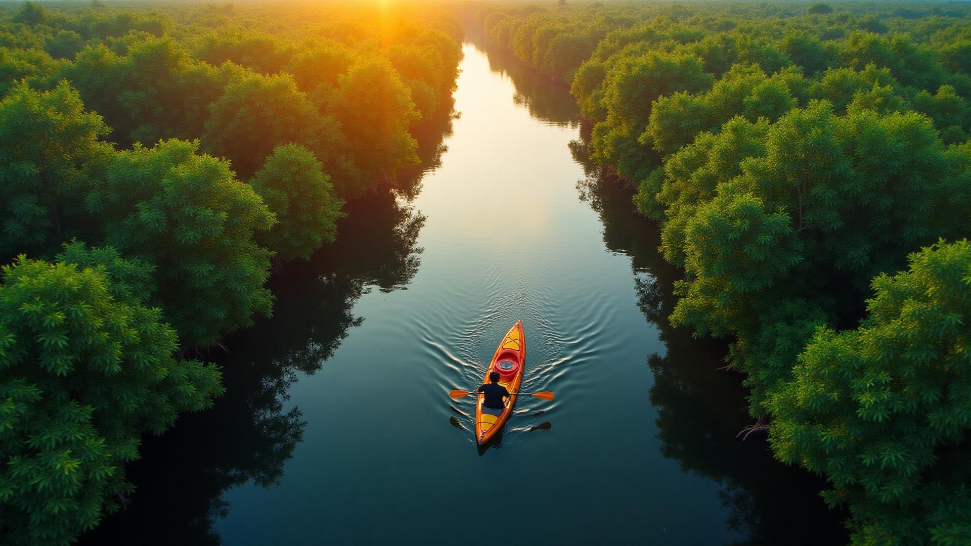 Aerial view of kayaking through mangrove forests